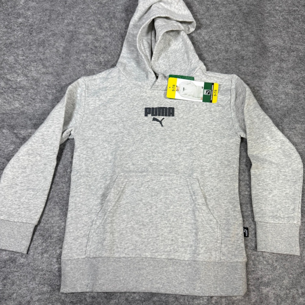 Puma Youth Fleece Hoodie Grey Heather Logo Sweatshirt S 7/8 1518579